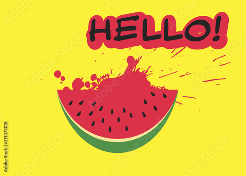 Watermelon slice and inscription HELLO in trendy flat style on yellow background. Summer symbol for your web site design, logo, app. Vector illustration. photo