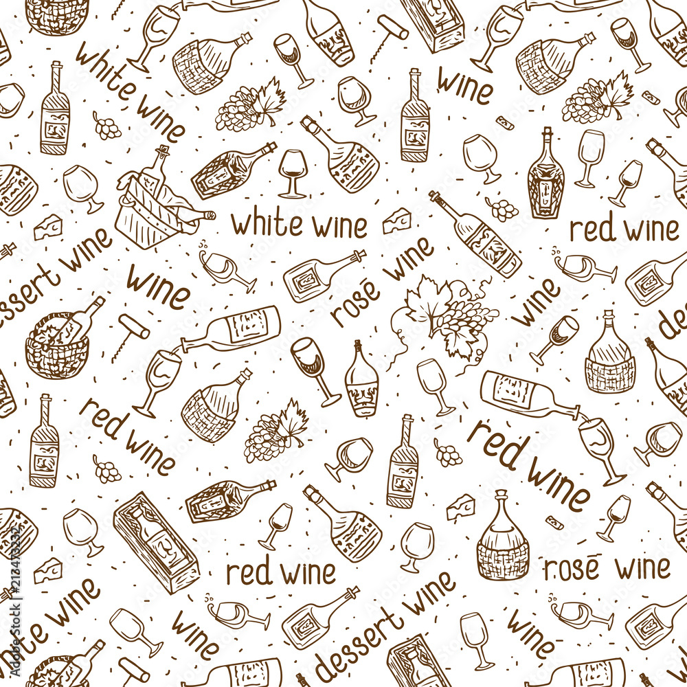 hand drawn wine seamless vector pattern