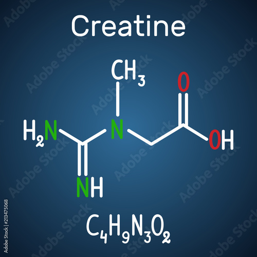 Creatine molecule. Structural chemical formula and molecule model on the dark blue background