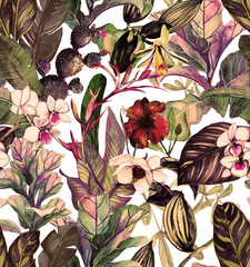 Wandcirkels Orchidee patronen Tropische magnolia en orchidee aquarel  © Арина Трапезникова
