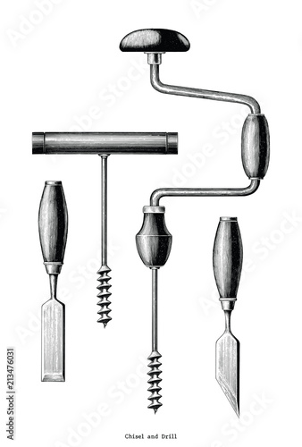 Vintage Chisel and Drill hand drawing clip art isolated on white background
