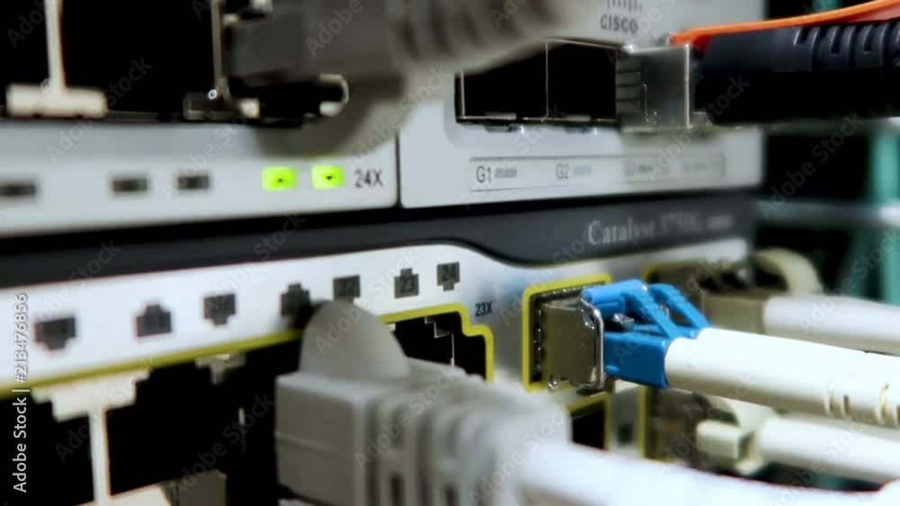 LED port status is blink. Network gigabit switch for high speed network in data center room. RJ45 jacks blinking LED lights. Close up. 4K LED port status is blink. Network gigabit switch for high speed network in data center room. RJ45 jacks blinking LED lights. Close up. 4K