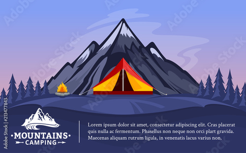 Vector mountains camping horizontal banner