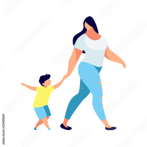 Mother leads the son by the hand.
