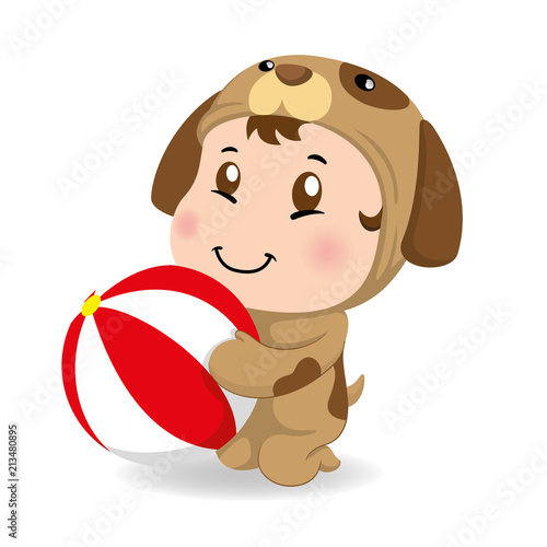 Illustration of a caucasian baby with dog costume holding a ball. Ideal for educational and informational materials