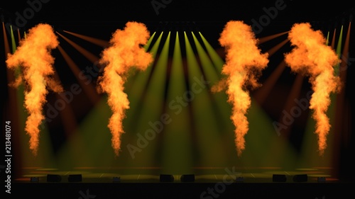 Oragen and yellow spotlights with four flame thrower as 3D rendering
