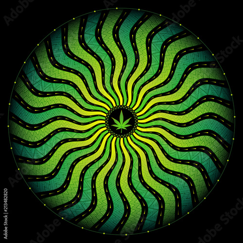 Magic cannabis leaf; Sacred complex geometry; Wonderful mandala in trance psychedelic style; Vector illustration, square format.