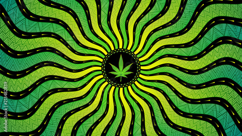 Magic cannabis leaf; Sacred complex geometry; Wonderful mandala in trance psychedelic style; Vector illustration, horizontal format.