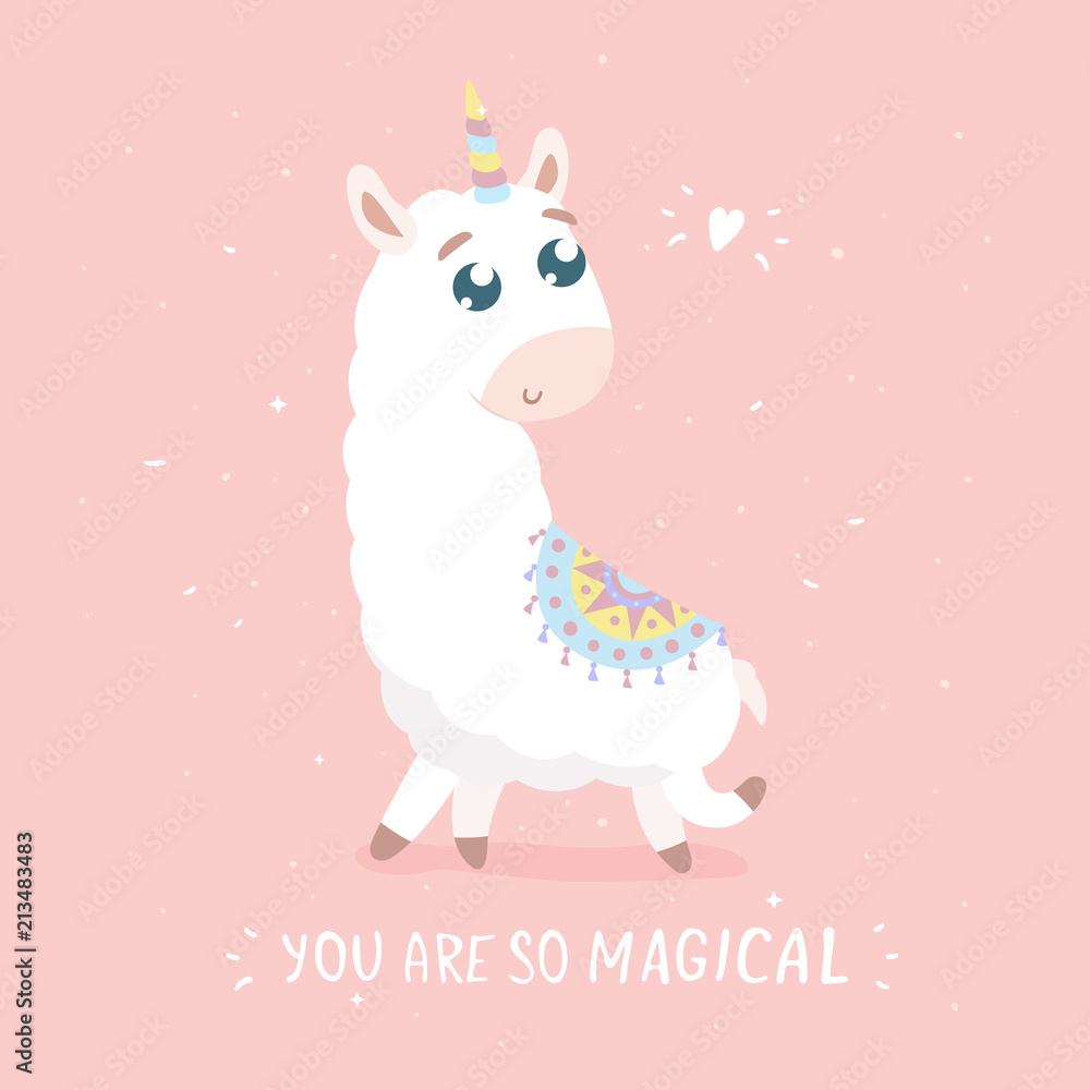 You are so magical card. Cute cartoon llamacorn vector illustration. Flat design. You are so magical card. Cute cartoon llamacorn vector illustration. Flat design.