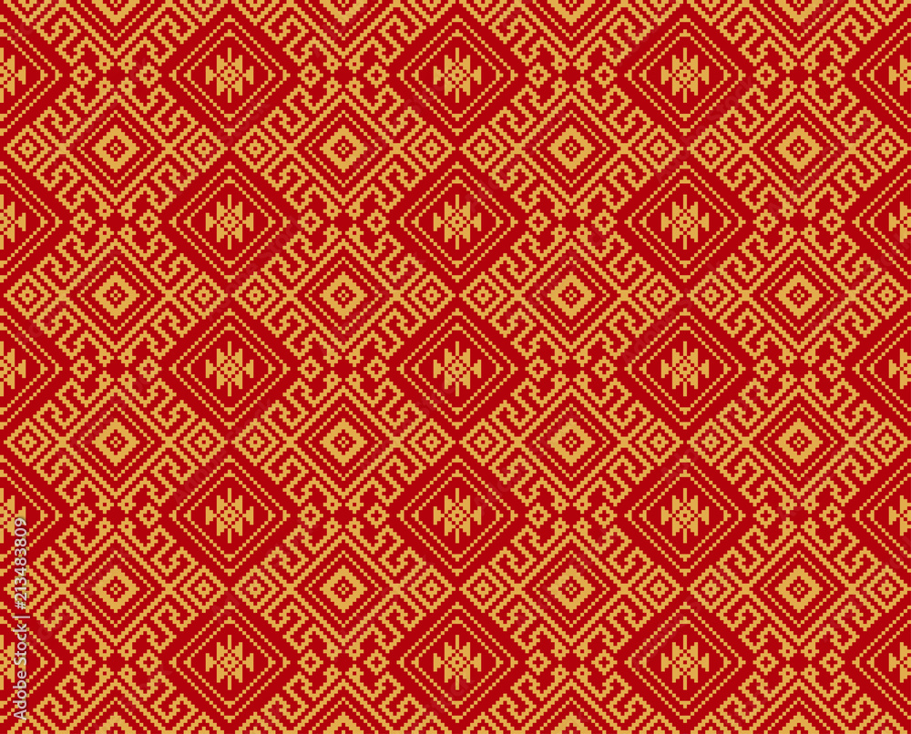 Seamless black geometric pattern. Thai, South East Asian ethnic style and colors. Embroidery style.