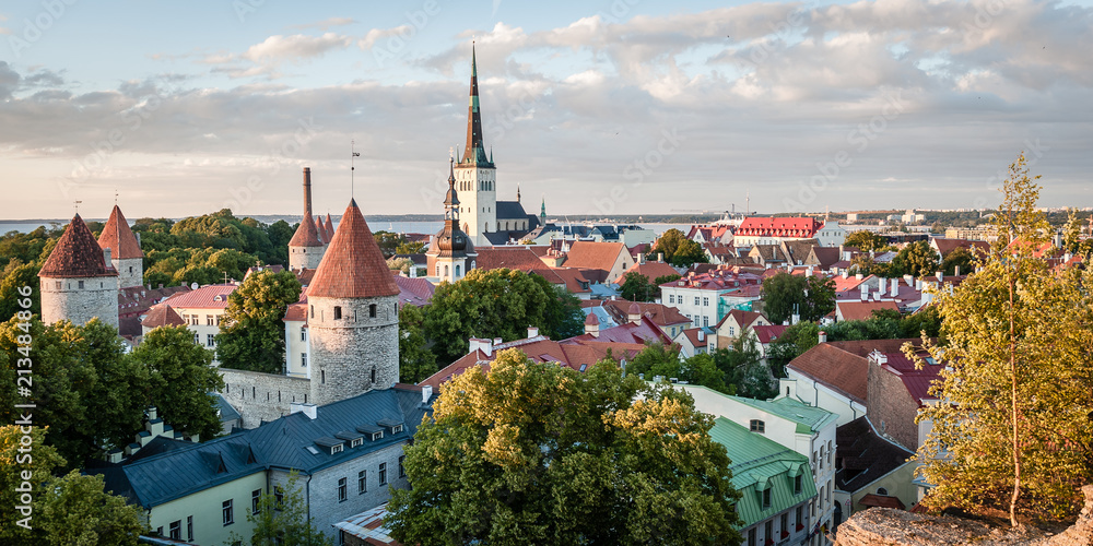 Aerial view from Patkuli viewing platform of Tallinn Old Town in a beautiful summer evening, Estonia. The classic Iconic view of the city that everyone recognises.