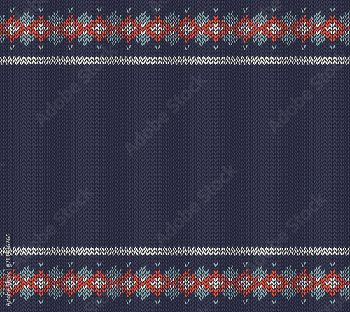 Knitted striped pattern on blue woolen background. 