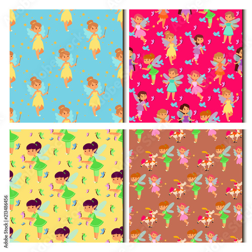 Fairies princess fairy girl vector character cute beautiful style cartoon little fairyland fashion costume magic fantasy dress fairytale crown kid seamless pattern background.