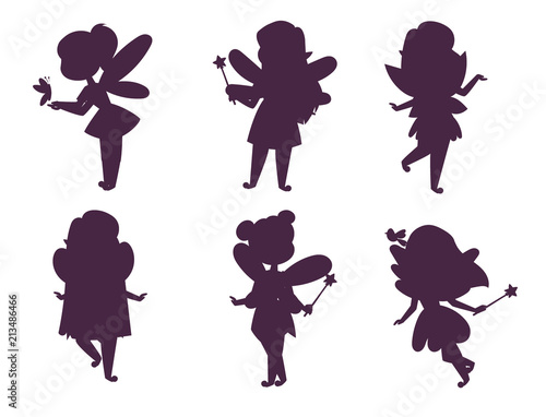 Fairies princess silhouette fairy girl vector character cute beautiful style cartoon little fairyland fashion costume magic fantasy dress fairytale crown kid.