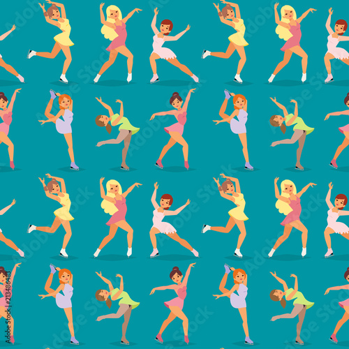 Figure ice skater women vector beauty sport girls doing exercise and tricks jump characters dancer people performance seamless pattern background illustration.