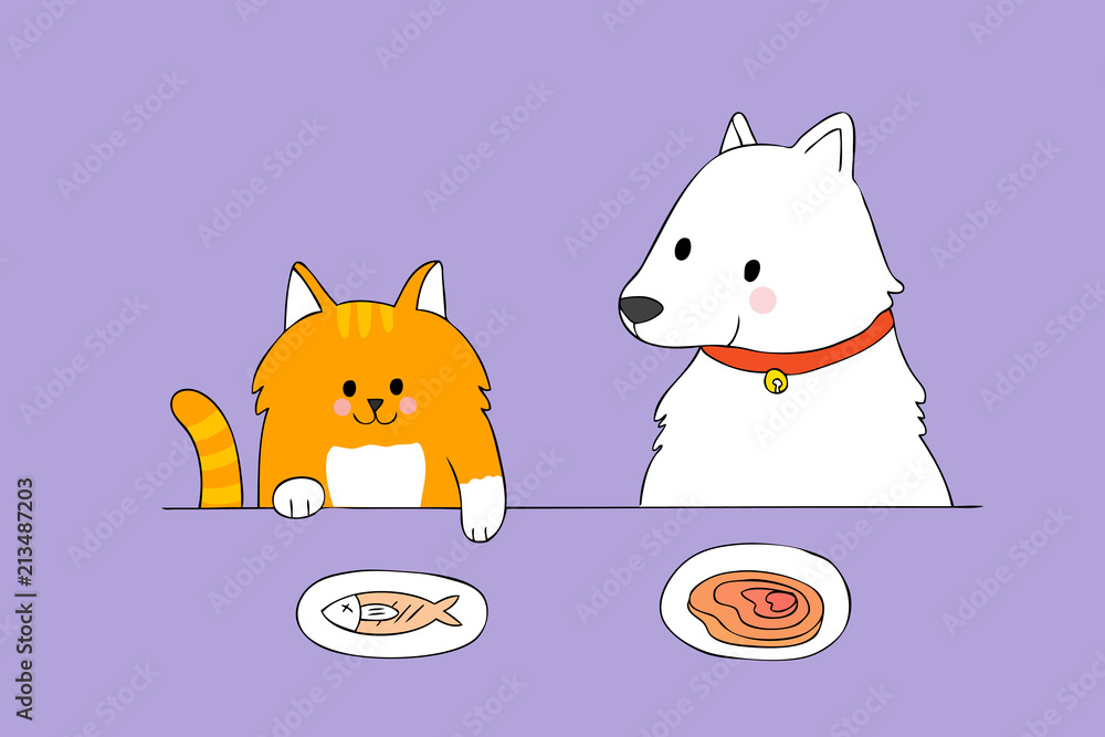 Cartoon cute cat and dog eating vector. Stock Vector Adobe Stock