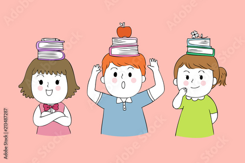 Cartoon cute students and book vector.