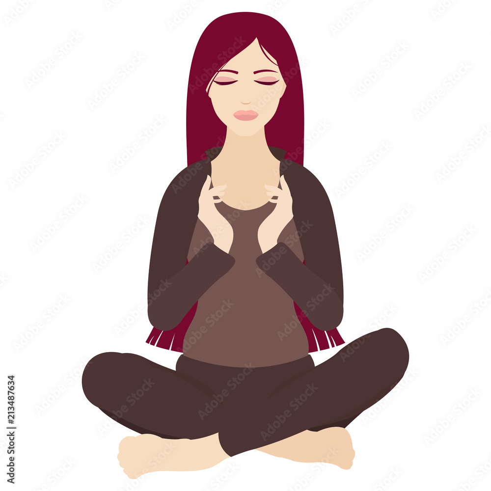 Illustration of a woman with closed eyes meditating in yoga lotus pose on white background Illustration of a woman with closed eyes meditating in yoga lotus pose on white background
