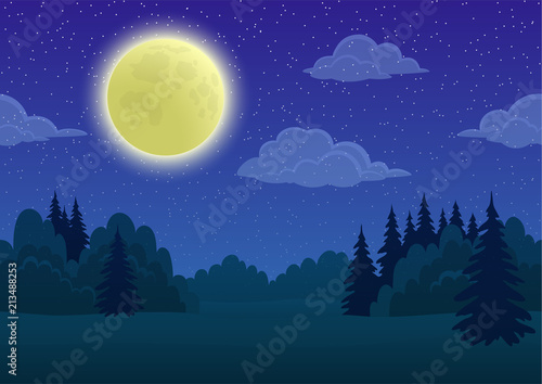 Cartoon Background, Night Landscape with Green Summer Forest, Blue Sky, White Clouds and Big Bright Moon. Vector © alexokokok