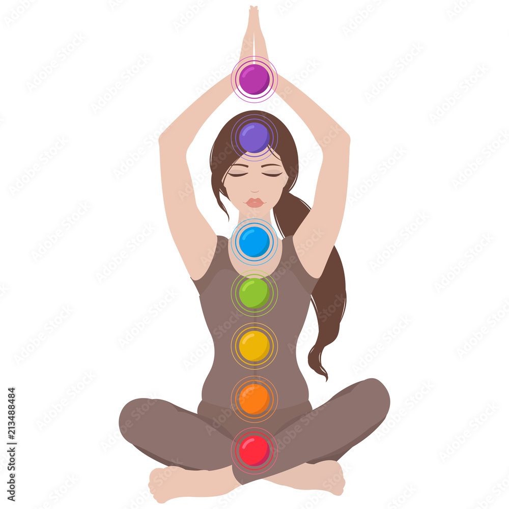 Illustration of a woman sitting in yoga lotus pose with colorful chakras Illustration of a woman sitting in yoga lotus pose with colorful chakras