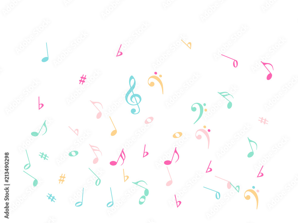 Music Notes Confetti Falling Chaos Vector. Music Symbols Texture Poster Background Elements. Party Night, Festival, Celebration or Concert, Melody Notes Trail. Decorative Song Sheets Chaos Effect.