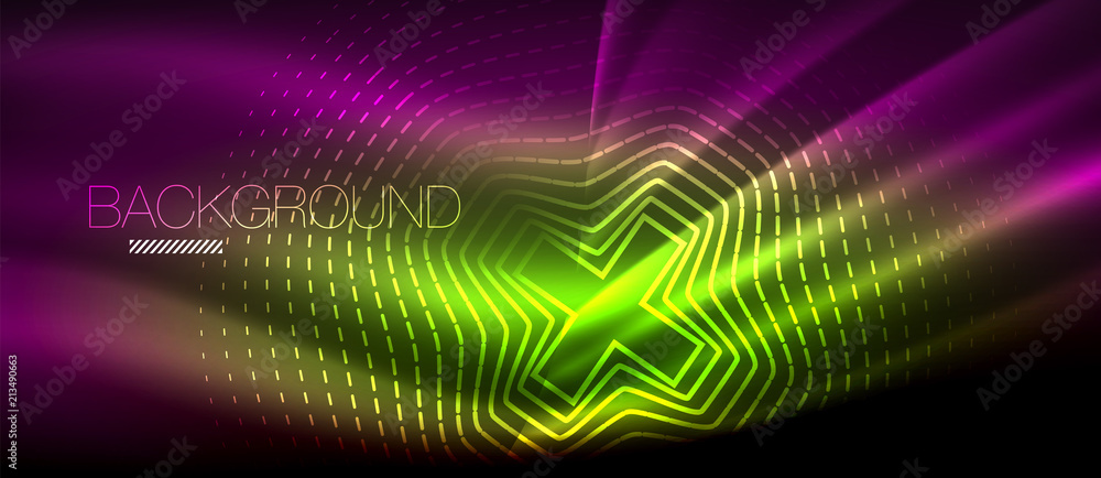 Neon glowing wave, magic energy and light motion background. Wallpaper template, hi-tech future concept Neon glowing wave, magic energy and light motion background. Wallpaper template, hi-tech future concept