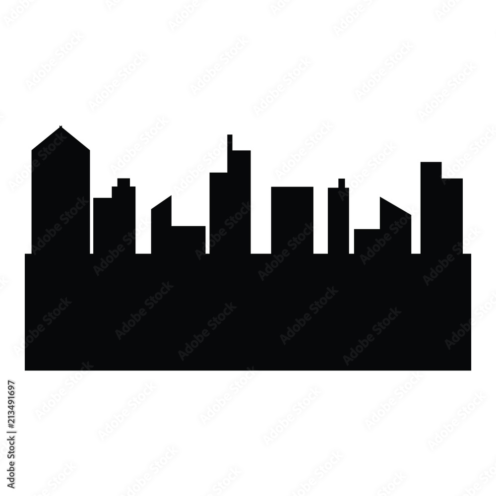 A black and white silhouette of a cityscape