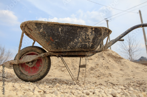 Wheelbarrow for mortar at the construction site