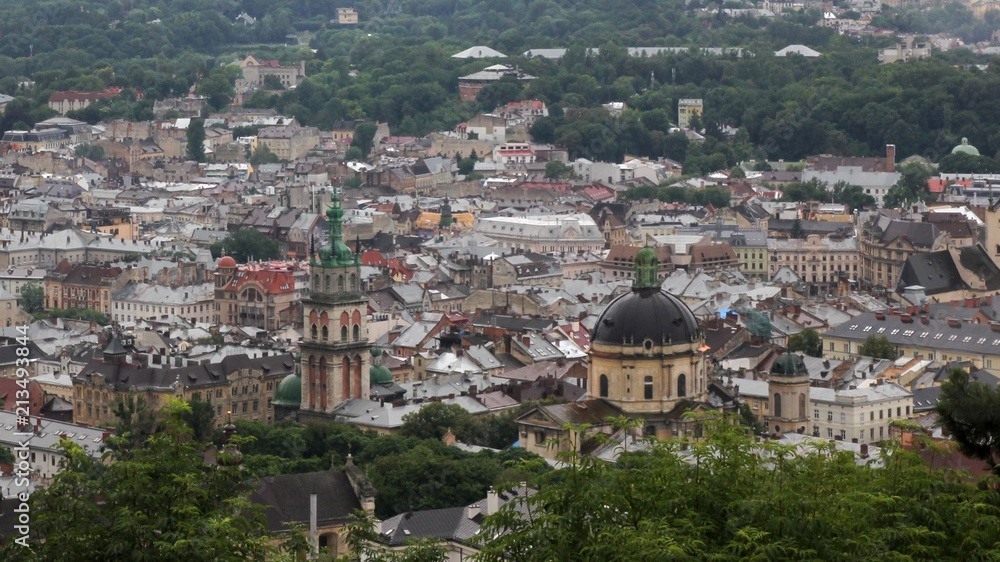 Dominican Church and Dormition Church in the old town in Lviv from a bird's eye view, Ukraine