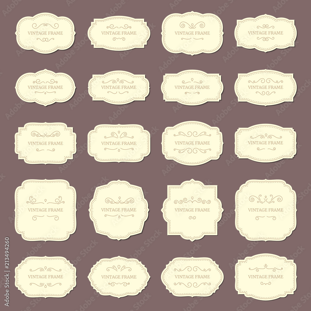 Vintage frame labels. Rectangle and oval wedding frames. Antique label with border vector set