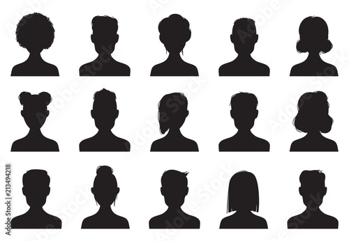 Users silhouette icons. Male and female head silhouettes. Anonymous person heads avatar vector icon set