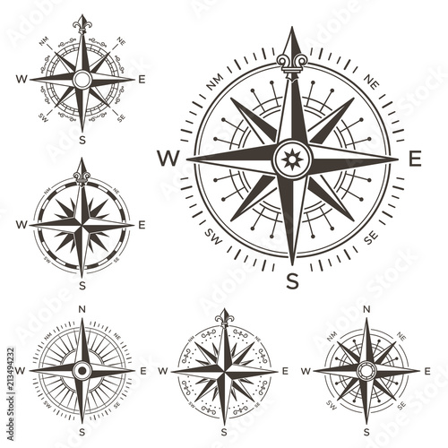Retro nautical compass. Vintage rose of wind for sea world map. West and east or south and north arrows symbol isolated vector set