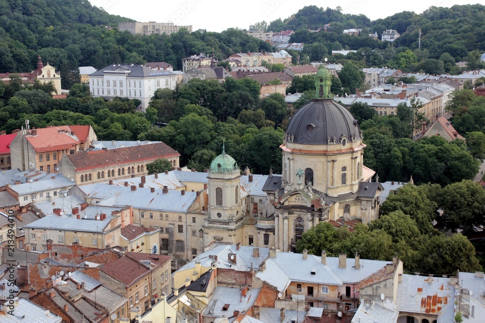 Dominican Church in the old town in Lviv from a bird's eye view, Ukraine