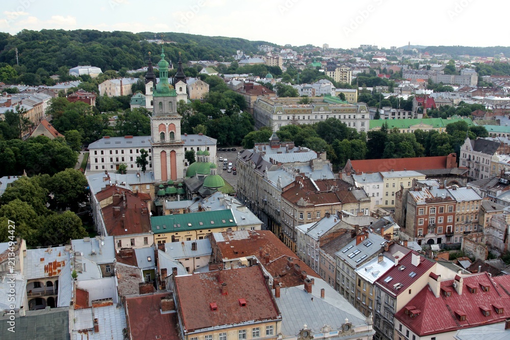 Dormition Church in the old town in Lviv from a bird's eye view, Ukraine