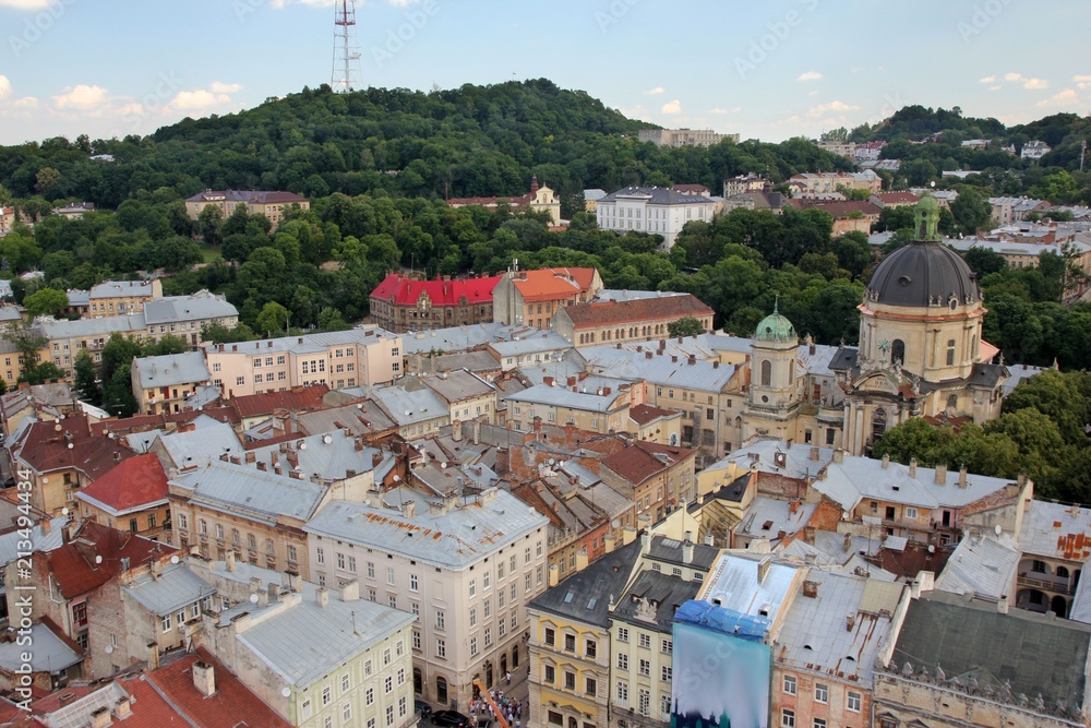 The Union of Lublin Mound, Dominican Church and the old town in Lviv from a bird's eye view, Ukraine