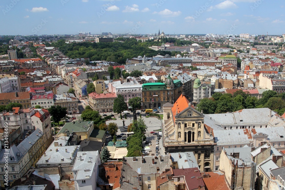 Svobody Ave, Jesuit Church and the old town in Lviv from a bird's eye view, Ukraine