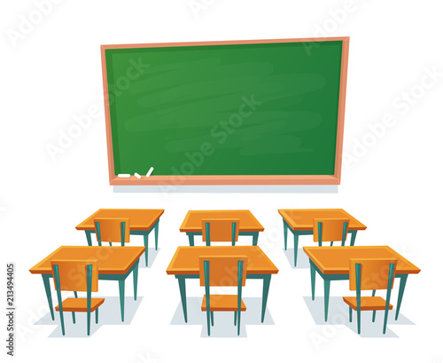School chalkboard and desks. Empty blackboard, classroom wooden desk and chair isolated cartoon vector illustration