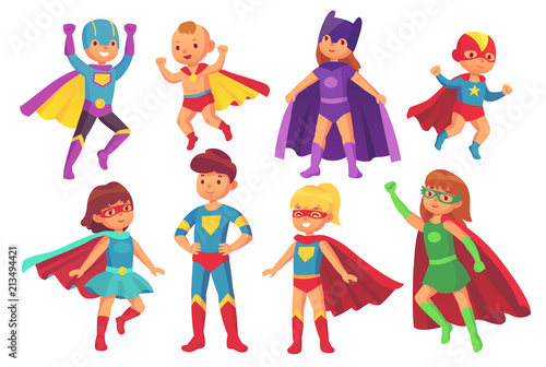 Cartoon superhero kids characters. Joyful kid wearing super hero costume with mask and cloak. Children superheroes isolated vector set