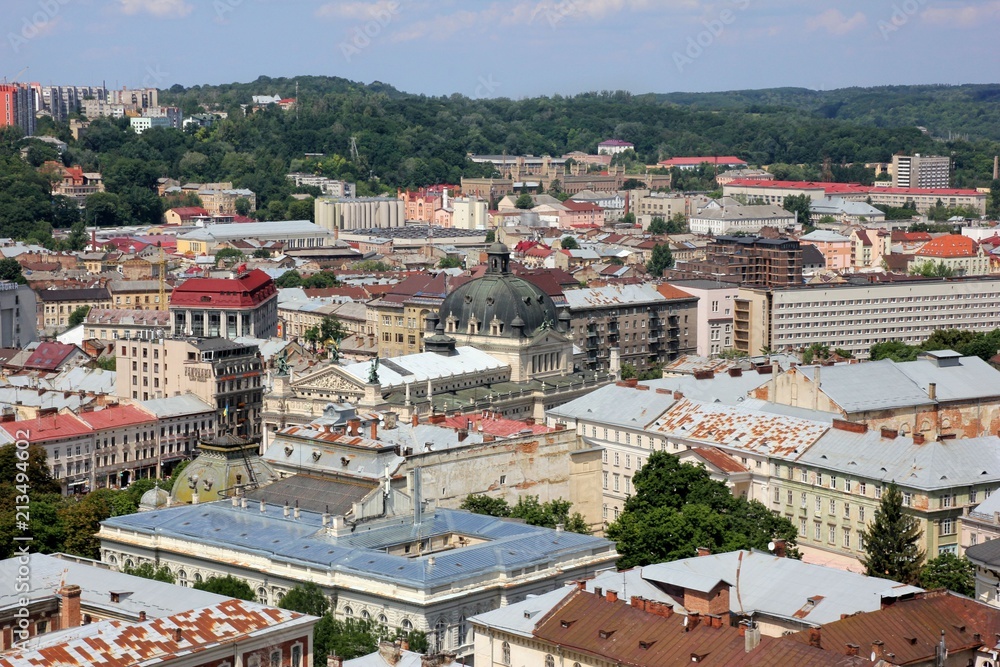Lviv Theatre of Opera and Ballet and the Old Town in Lviv from a bird's eye view, Ukraine