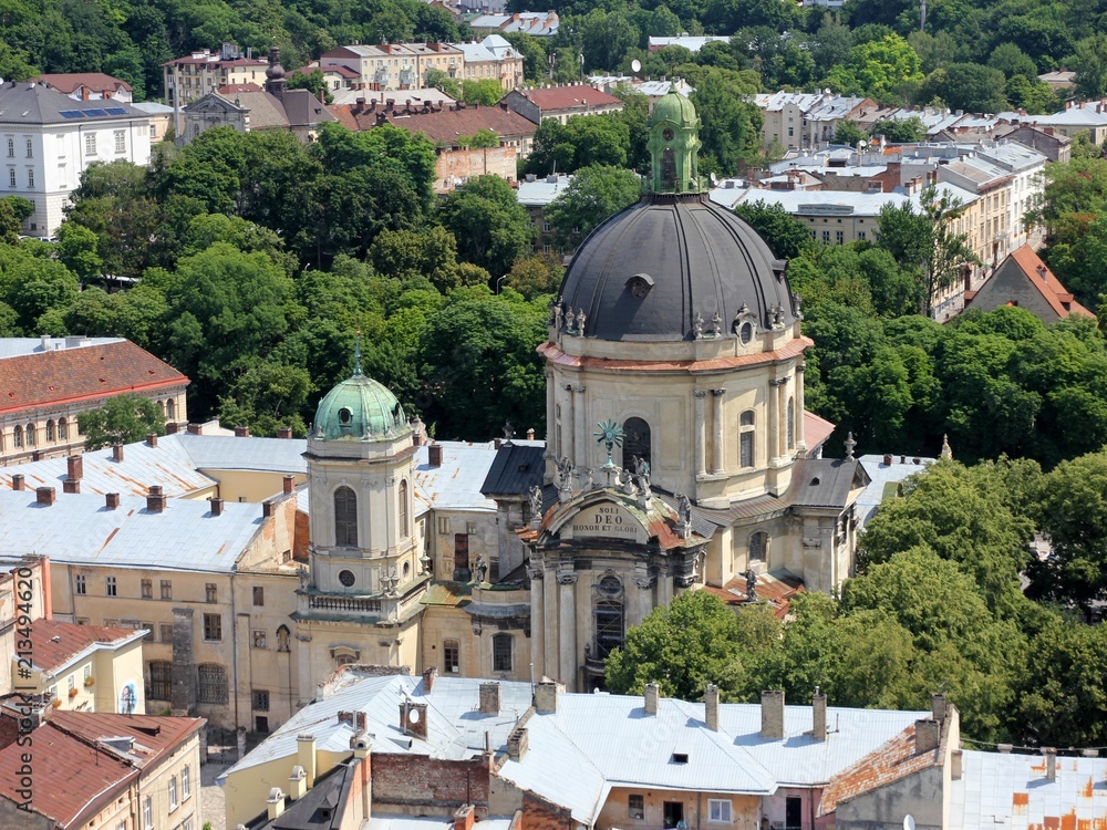 Dominican Church in the old town in Lviv from a bird's eye view, Ukraine