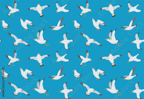 Seagulls seamless pattern. Cartoon gull flying over sea. Marine vector endless texture