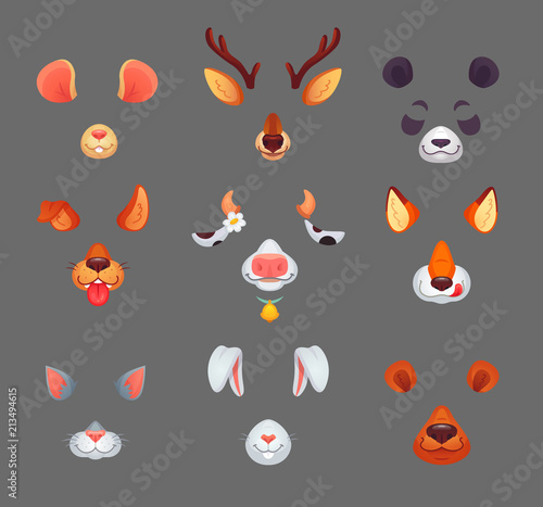 Animals for phone app. Funny animal filter masks with ears and noses. Vector set