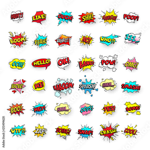 Comic bubbles. Cartoon text balloons. Pow and zap, smash and boom expressions. Speech bubble vector pop art stickers isolated
