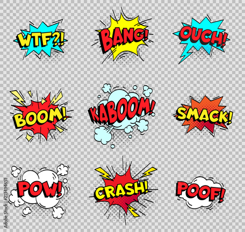 Comic speech bubbles. Cartoon explosions text balloons. Wtf bang ouch boom smack pow crash poof popping vector shapes isolated