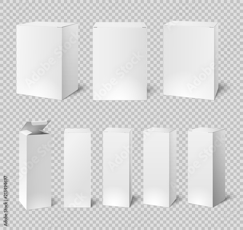 Blank white boxes. Rectangular medicine and cosmetic product packaging. 3d vector isolated box mockups