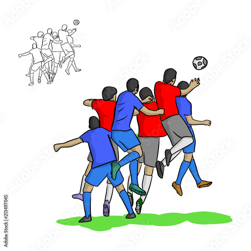 male soccer players heading a ball in the air vector illustration sketch doodle hand drawn with black lines isolated on white background