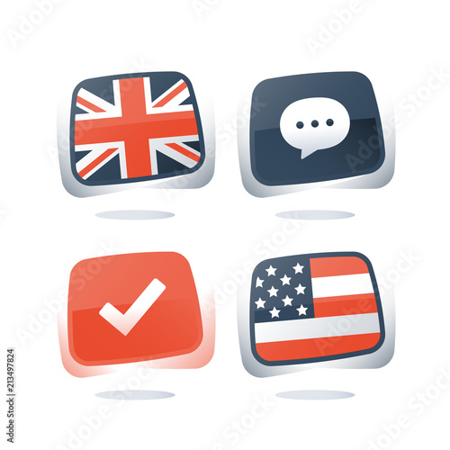 British and USA flags, English and American language, linguistic learning, online course, exam and test preparation program