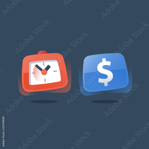 Dollar and clock, payment installment, time is money, long term investment, fast loan, pension savings account, finance management