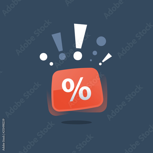 Special offer announcement, big sale, percentage sign red button, discount store, season clearance low price, best deal
