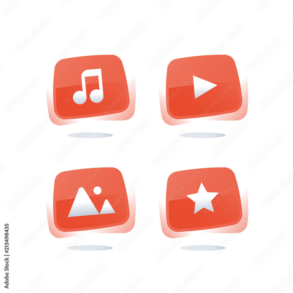 Online music service, watch streaming video, media red web buttons, download audio file, entertainment resources Stock Vector | Adobe Stock